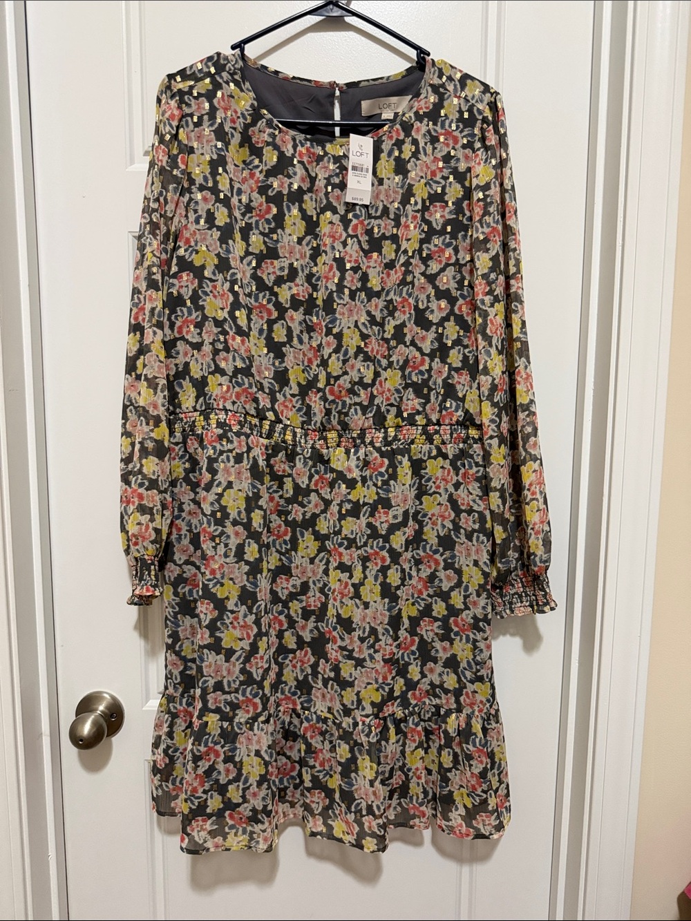 LOFT Black Floral Tiered Long Sleeve Dress